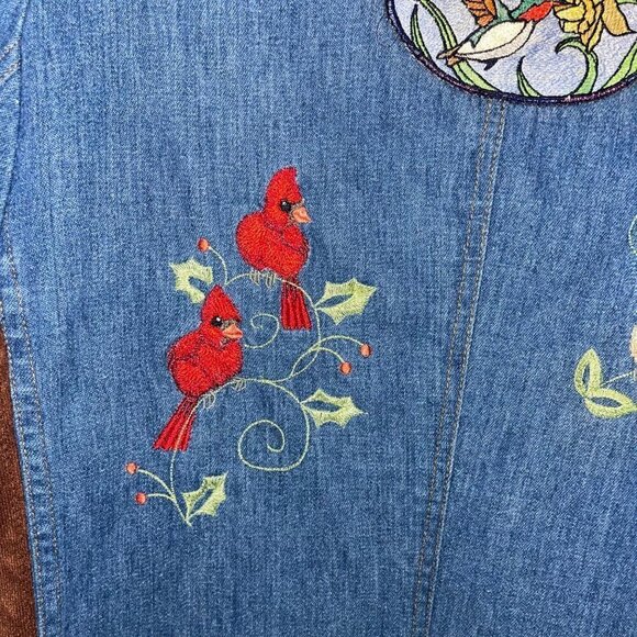 Lee Set Vintage Womens Blazer Size Large Upcycled Denim Patch Embroidered Lace - Picture 10 of 16